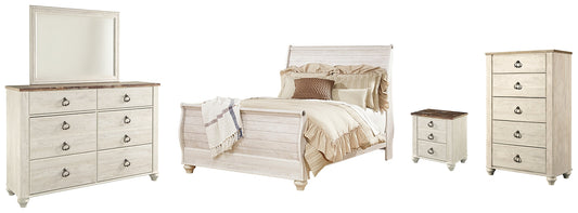 Willowton  Sleigh Bed With Mirrored Dresser, Chest And Nightstand