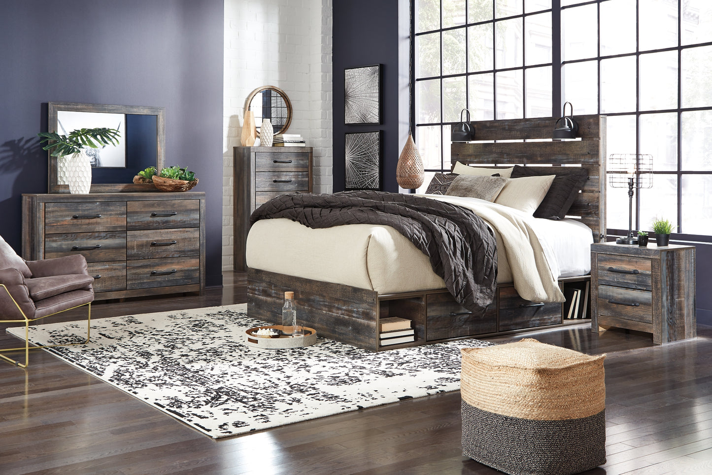 Drystan Queen Panel Bed with 2 Storage Drawers with Mirrored Dresser and Nightstand