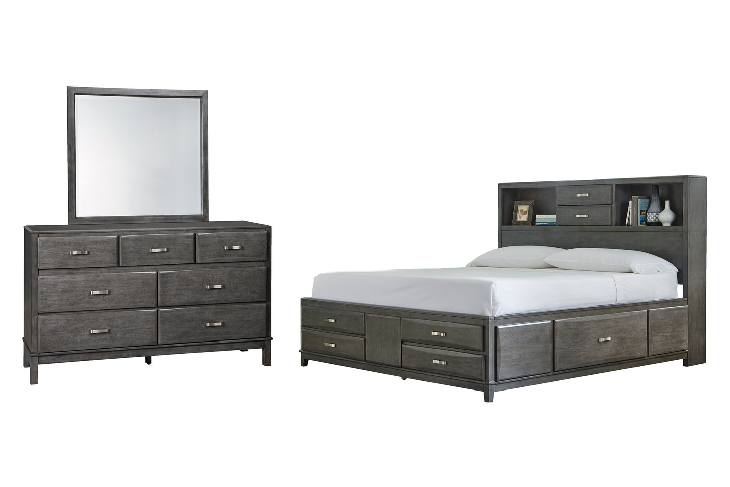 Caitbrook  Storage Bed With 8 Storage Drawers With Mirrored Dresser