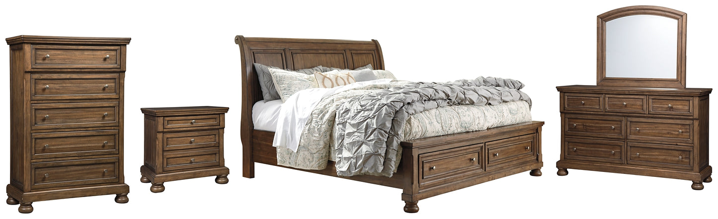 Flynnter  Sleigh Bed With 2 Storage Drawers With Mirrored Dresser, Chest And Nightstand