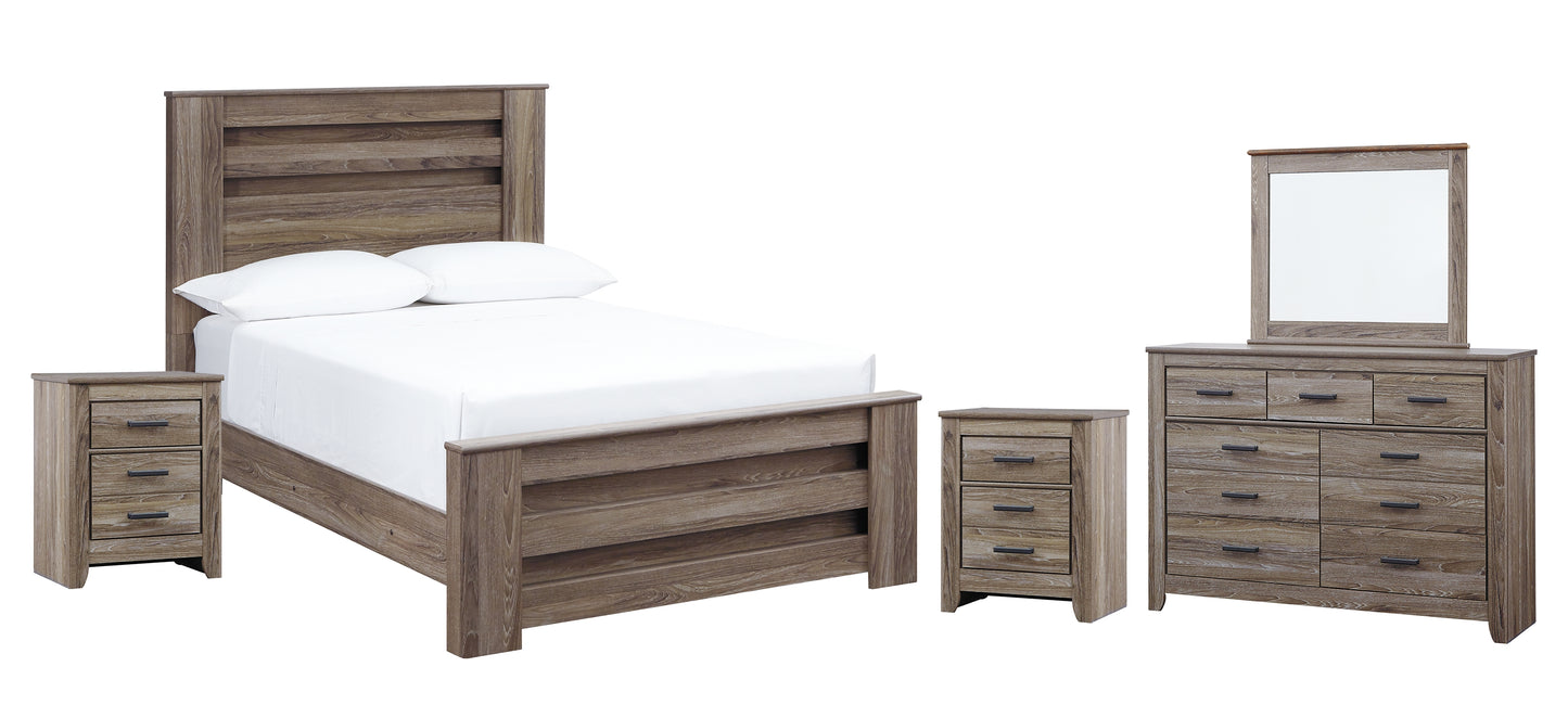 Zelen Full Panel Bed with Mirrored Dresser and 2 Nightstands