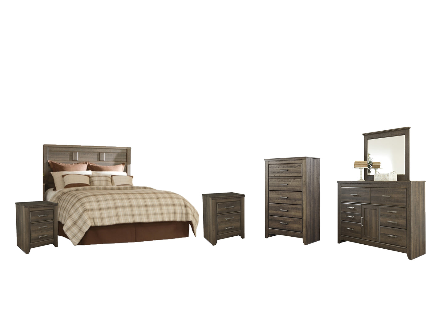 Juararo Queen Panel Headboard with Mirrored Dresser, Chest and 2 Nightstands