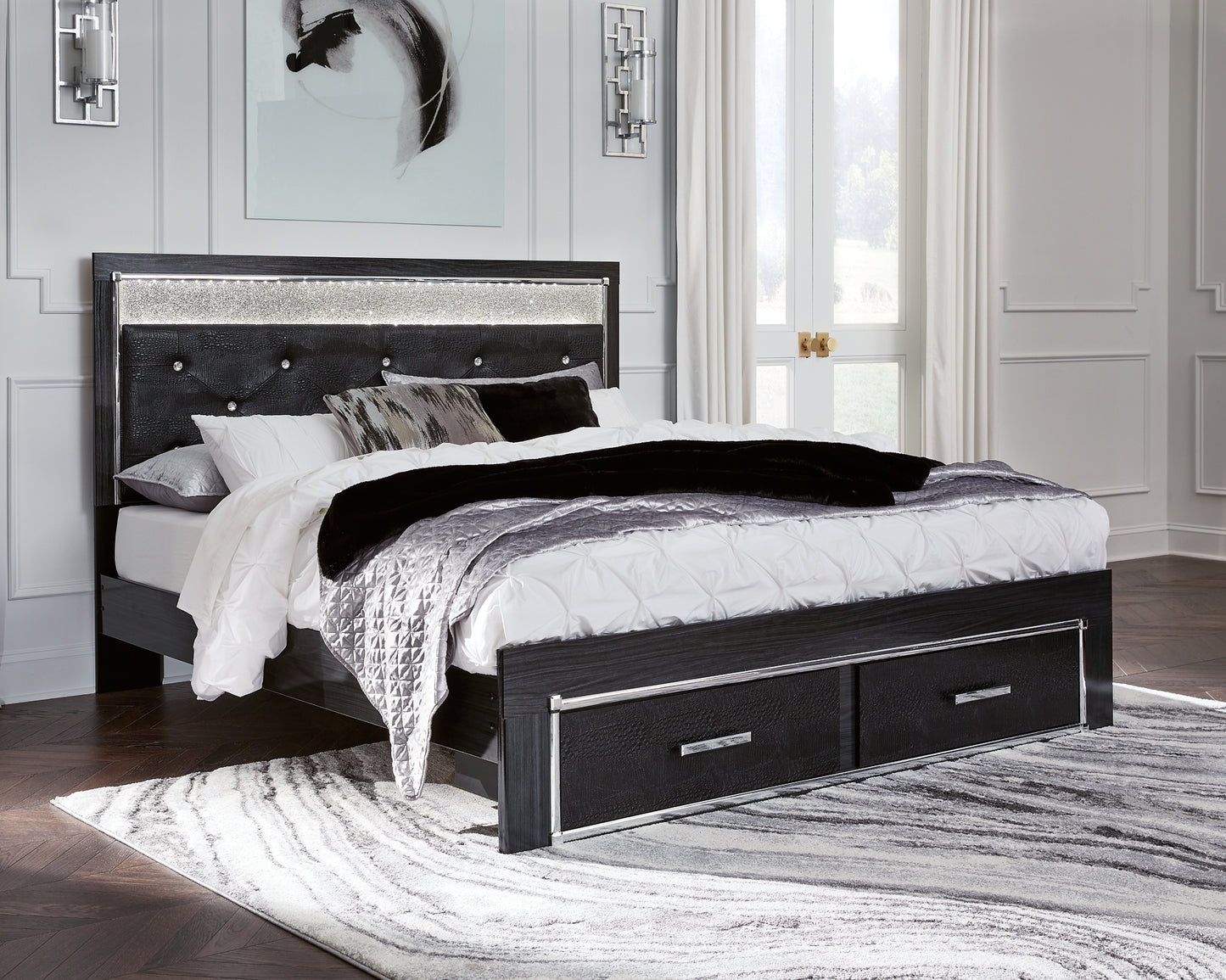 Kaydell King Upholstered Panel Storage Bed with Mirrored Dresser