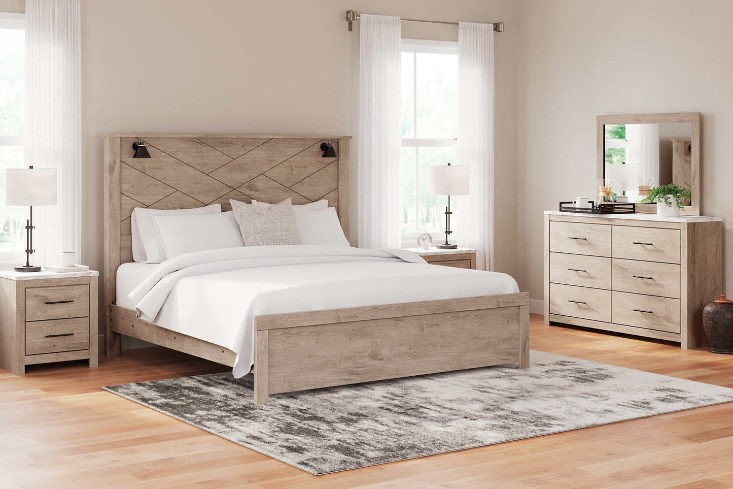 Senniberg King Panel Bed with Mirrored Dresser