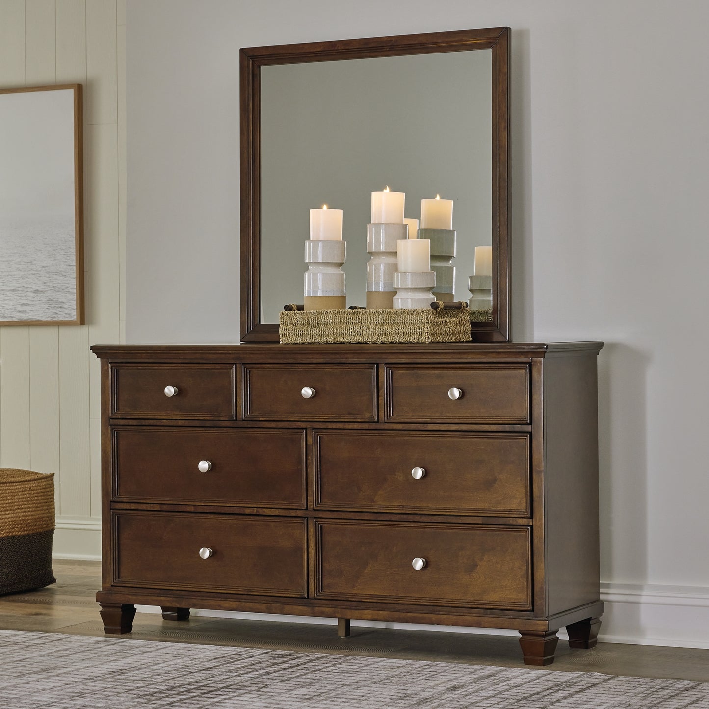 Danabrin California King Panel Bed with Mirrored Dresser and Nightstand