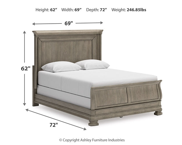 Lexorne Queen Sleigh Bed with Mirrored Dresser and Chest