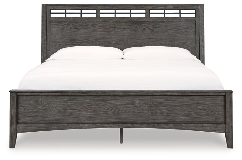 Montillan California King Panel Bed with Mirrored Dresser and 2 Nightstands